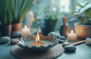 A calming incense burner with smoke rising in a serene indoor garden setup during the afternoon photo