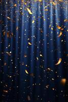 Golden confetti cascading down a dark blue background during a festive celebration event photo