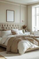Cozy bedroom with neutral decor, soft linens, and natural light shining through the window photo