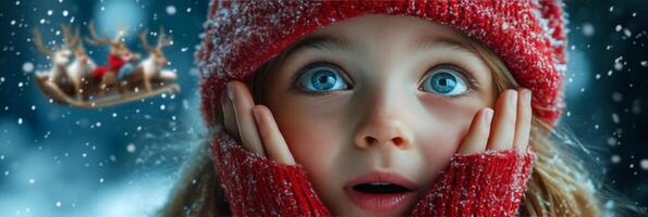 A young girl gazes in wonder at falling snow, anticipating winter festivities during the holidays photo