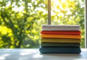 Neatly stacked towels in soft colors by a window with natural light and greenery photo