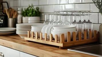 Organized kitchen countertop displaying stacks of clean dishes and glassware in a sunny setting photo