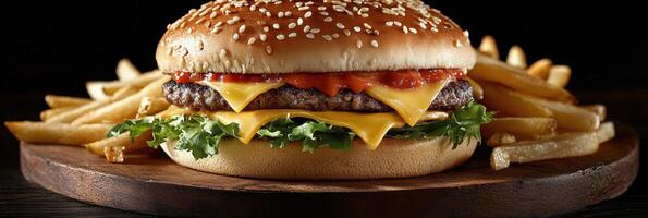 Delicious cheeseburger with vibrant toppings served alongside crispy fries on a wooden platter photo