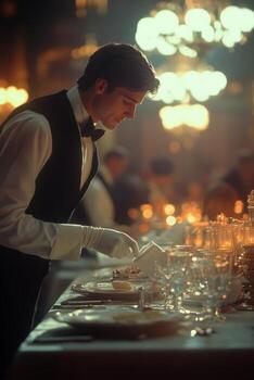 Elegant waiter serving a fine dining meal in an opulent restaurant setting during evening hours photo