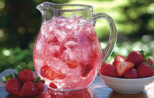 Refreshing strawberry beverage served in a glass pitcher surrounded by fresh strawberries outdoors photo
