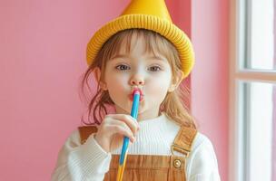 Girl wearing a party hat enjoys a celebration with balloons on a joyful day photo