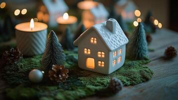 Cozy ceramic house glowing warmly amidst candles and evergreen decorations for the holiday season photo