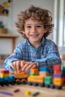 Young boy joyfully playing with colorful building blocks at home on a sunny afternoon photo