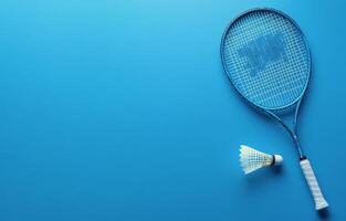 A badminton racket and shuttlecock resting on a blue background, ideal for sports enthusiasts photo