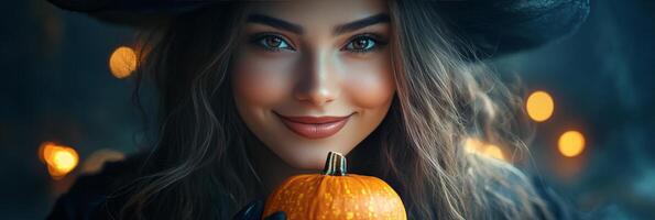 Elegant witch holding a carved pumpkin in a dimly lit autumn setting during Halloween festivities photo