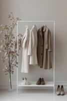 Stylish clothing rack with neutral coats and elegant shoes in a modern interior photo