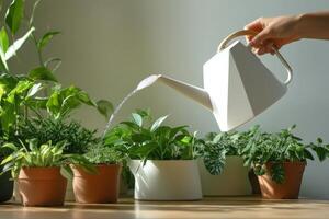 Watering indoor plants with a stylish watering can in a bright, green setting photo
