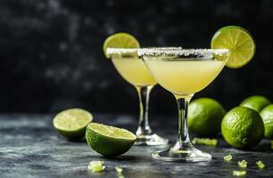 Delicious margaritas with lime wedges served on a dark stone countertop in a cozy setting photo