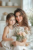 A mother and daughter share a joyful moment in the kitchen surrounded by fresh flowers photo