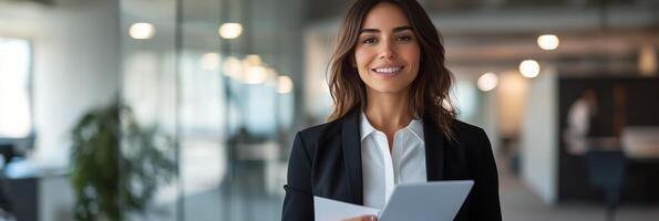 Professional woman holding documents in a modern office setting during a business day photo
