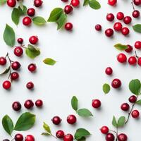 Fresh red cherries and green leaves arranged on a light background for a vibrant rustic display photo