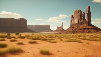 A desert landscape with tall rock formations photo