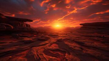 A desert landscape with rocks and sun setting photo