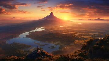 A man stands on a hill overlooking a valley and a river photo