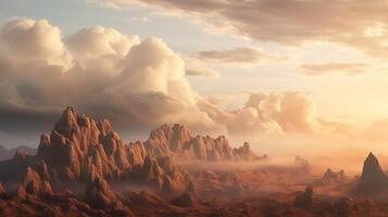 A desert landscape with clouds and rocks photo