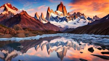 The mountains are reflected in the water at sunset photo
