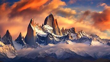 A beautiful mountain scene with snow covered peaks photo