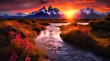 A beautiful sunset over the mountains with a river and flowers photo