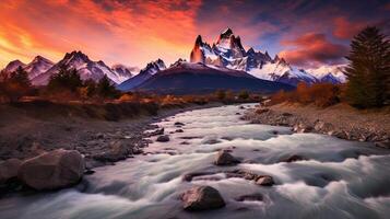 A beautiful mountain scene with a river flowing through it photo