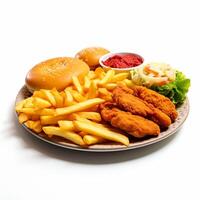 A plate of food with a burger, fries, and ketchup photo