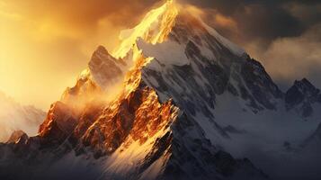 A mountain with snow and clouds at sunset photo