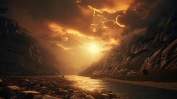 The sun is shining over a river in a mountain valley photo