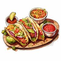 Tacos and salsa on a wooden tray photo