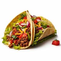 Two tacos with meat and vegetables on a white background photo