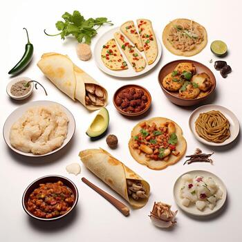 A white table with many different types of food photo