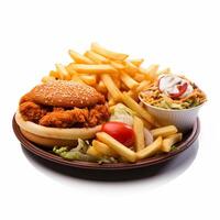 A plate with a burger, fries and salad photo