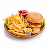 un plato con un hamburguesa, papas fritas y salsa de tomate foto