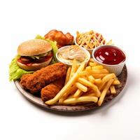A plate of food with a hamburger, fries, ketchup, and ketchup photo