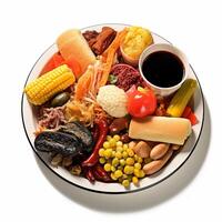 A plate of food with a cup of coffee and corn photo