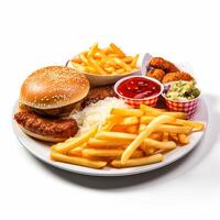 A plate of food with a burger, fries, and ketchup photo
