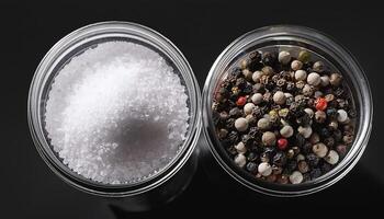 Sea salt and pepper in a container, on a black background photo
