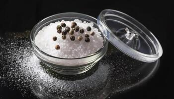 Sea salt and pepper in a container, on a black background photo