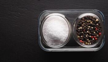 Sea salt and pepper in a container, on a black background photo