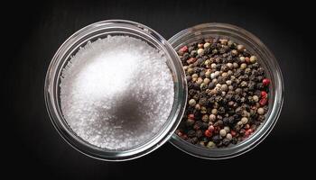 Sea salt and pepper in a container, on a black background photo