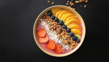 Smoothie bowl with fresh fruit and granola topping, on black background photo