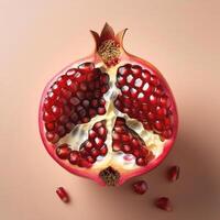 Split pomegranate fruit with bright red seeds, on white background photo