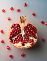 Split pomegranate fruit with bright red seeds, on white background photo