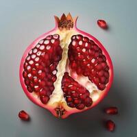 Split pomegranate fruit with bright red seeds, on white background photo