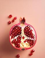 Split pomegranate fruit with bright red seeds, on white background photo
