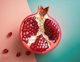 Split pomegranate fruit with bright red seeds, on white background photo