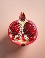 Split pomegranate fruit with bright red seeds, on white background photo